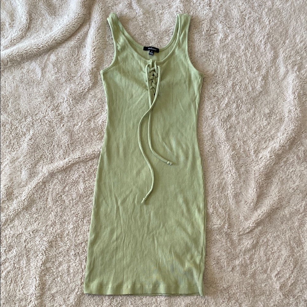 Green Ribbed Lace-Up Dress